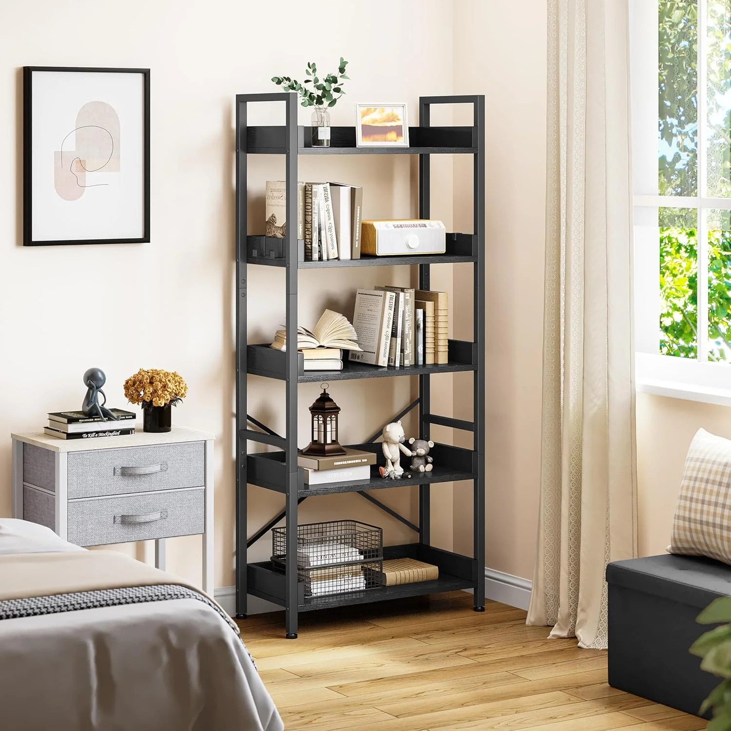 کتابخانه 5 طبقه YITAHOME، قفسه کتاب ایستاده، قفسه چوبی و واحدهای قفسه بندی با قاب فولادی پایدار با 4 قلاب، قفسه ذخیره سازی صنعتی برای اتاق نشیمن، دفتر کار خانگی، قفسه کتاب سیاه کتابخانه 5 طبقه YITAHOME، قفسه کتاب ایستاده، قفسه چوبی و واحدهای قفسه بندی با قاب فولادی پایدار با 4 قلاب، قفسه ذخیره سازی صنعتی برای اتاق نشیمن، دفتر کار خانگی، قفسه کتاب سیاه