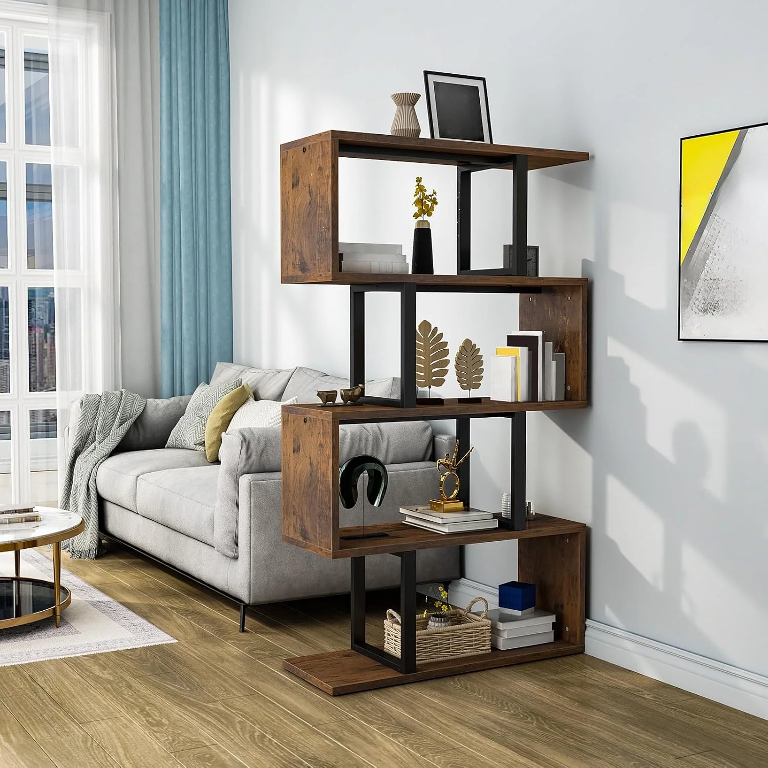 قفسه کتاب 5 طبقه YITAHOME، قفسه کتاب و کتابخانه Z شکل S، قفسه بندی چند منظوره تزئینی مستقل صنعتی برای اتاق نشیمن، دفتر کار خانگی، قهوه ای رترو قفسه کتاب 5 طبقه YITAHOME، قفسه کتاب و کتابخانه Z شکل S، قفسه بندی چند منظوره تزئینی مستقل صنعتی برای اتاق نشیمن، دفتر کار خانگی، قهوه ای رترو