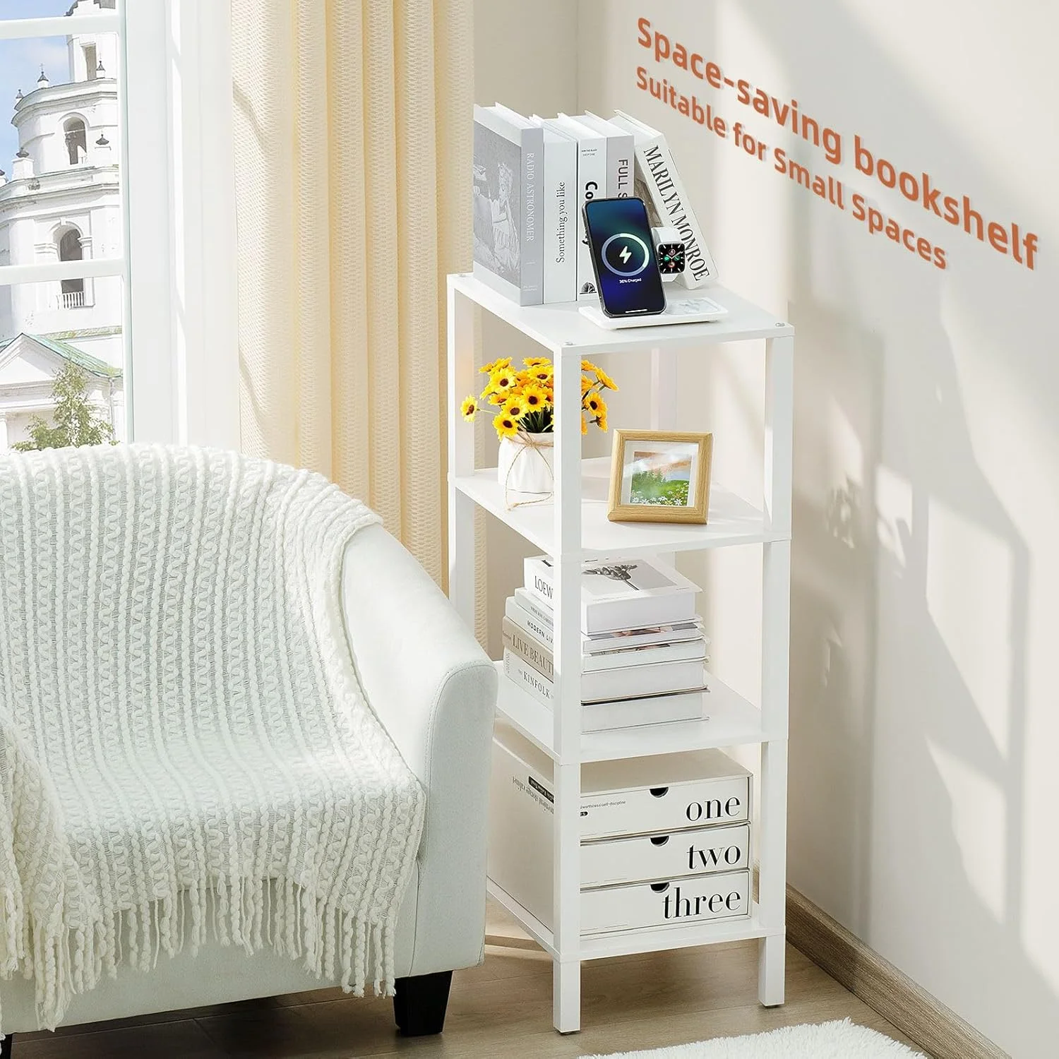 کتابخانه چوبی 4 طبقه بلند YUFAM با فضای ذخیره سازی - قفسه کتاب سفید کوچک برای فضاهای کوچک، قفسه برای اتاق نشیمن، دفتر، اتاق خواب، آشپزخانه - قفسه کتاب مدرن صنعتی کتابخانه چوبی 4 طبقه بلند YUFAM با فضای ذخیره سازی - قفسه کتاب سفید کوچک برای فضاهای کوچک، قفسه برای اتاق نشیمن، دفتر، اتاق خواب، آشپزخانه - قفسه کتاب مدرن صنعتی