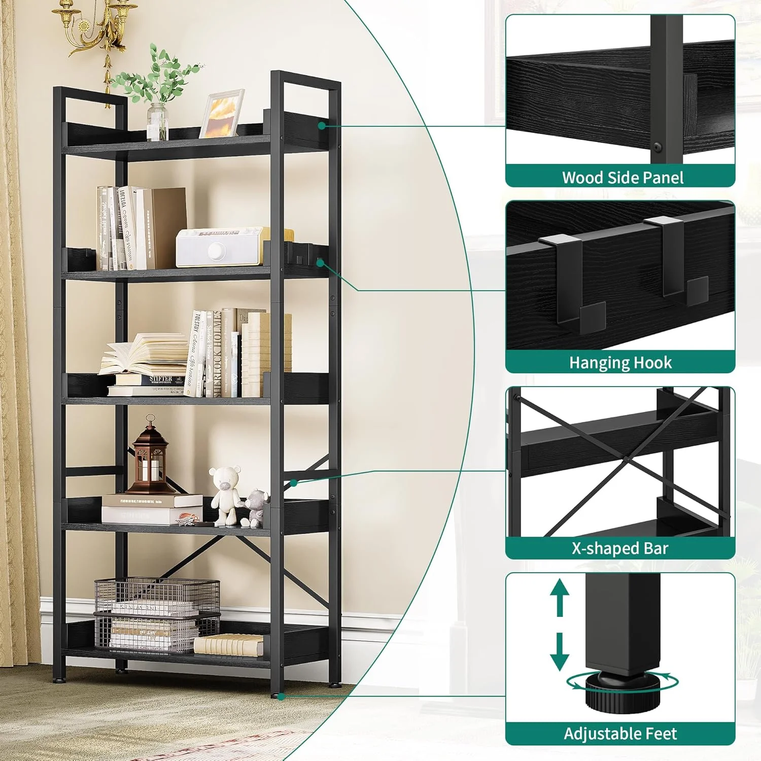 کتابخانه 5 طبقه YITAHOME، قفسه کتاب ایستاده، قفسه چوبی و واحدهای قفسه بندی با قاب فولادی پایدار با 4 قلاب، قفسه ذخیره سازی صنعتی برای اتاق نشیمن، دفتر کار خانگی، قفسه کتاب سیاه کتابخانه 5 طبقه YITAHOME، قفسه کتاب ایستاده، قفسه چوبی و واحدهای قفسه بندی با قاب فولادی پایدار با 4 قلاب، قفسه ذخیره سازی صنعتی برای اتاق نشیمن، دفتر کار خانگی، قفسه کتاب سیاه