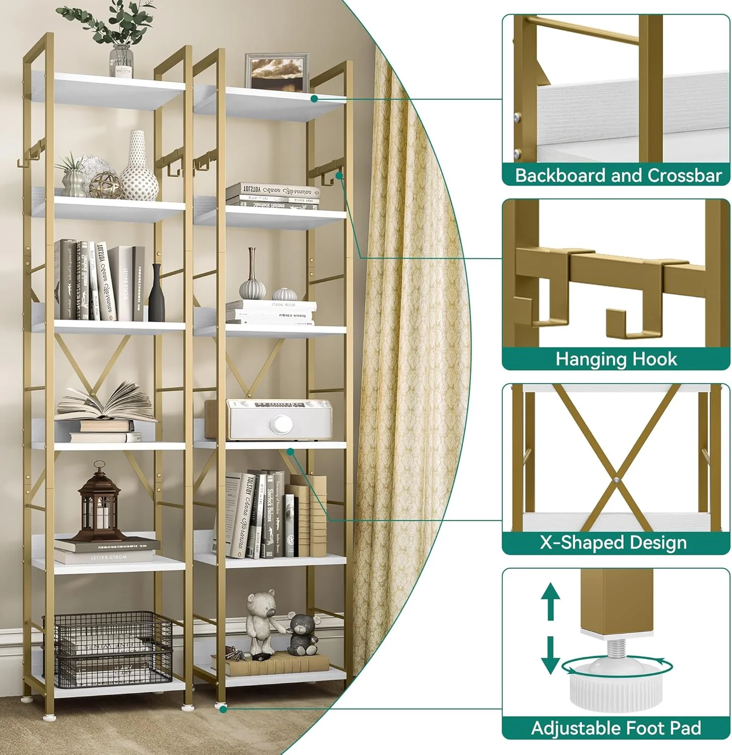 کتابخانه 6 طبقه YITAHOME، قفسه کتاب ایستاده با 4 قلاب، قفسه چوبی و قفسه کتاب فلزی، قفسه بلند صنعتی برای اتاق نشیمن، دفتر کار خانگی، کتابخانه طلایی کتابخانه 6 طبقه YITAHOME، قفسه کتاب ایستاده با 4 قلاب، قفسه چوبی و قفسه کتاب فلزی، قفسه بلند صنعتی برای اتاق نشیمن، دفتر کار خانگی، کتابخانه طلایی