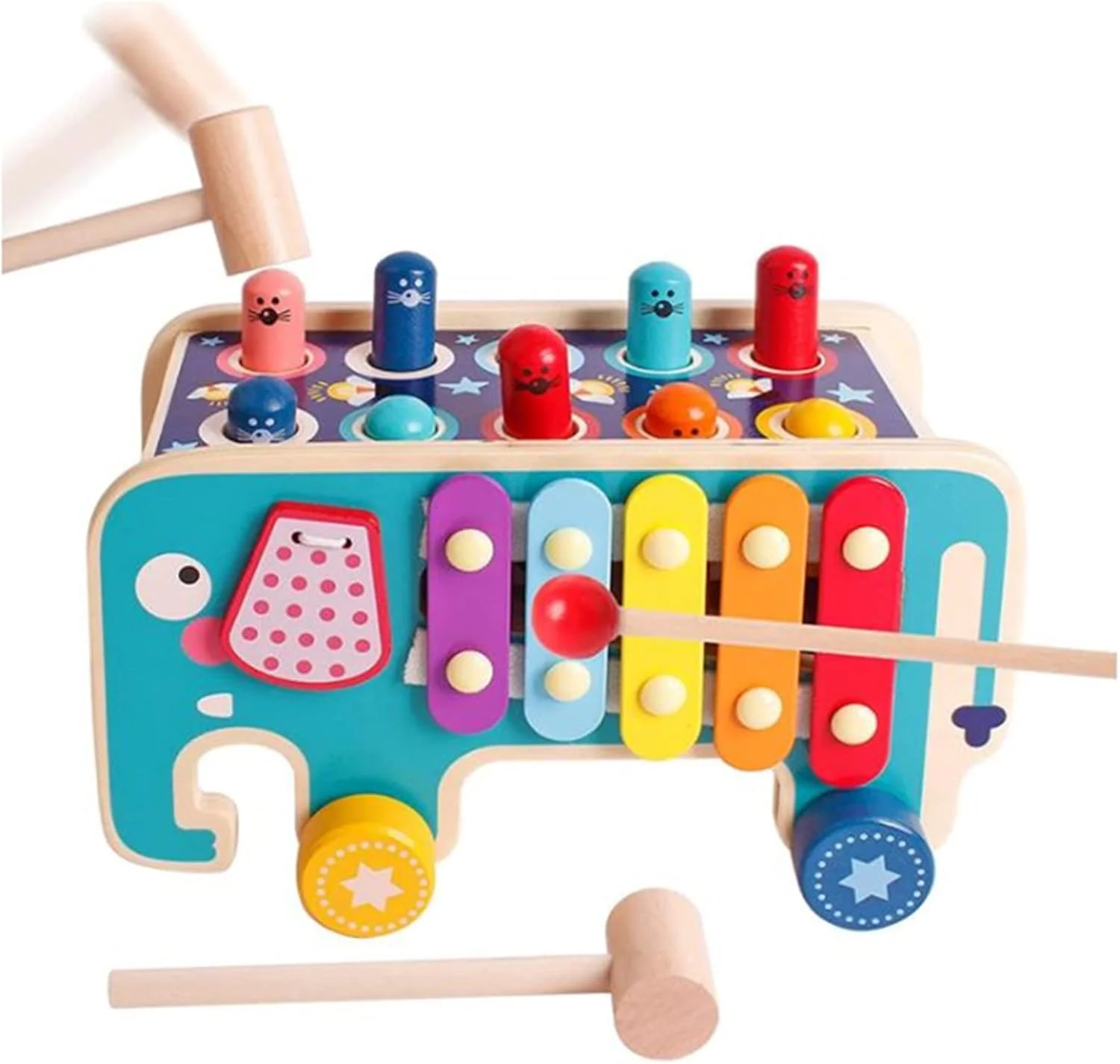 اسباب بازی چوبی ضربه زدن و کوبیدن AM ANNA با 2 چکش و 1 چوب طبل، نیمکت کوبیدن میخ، اسباب بازی گورخر فیلی، بازی ضربه زدن به نیمکت، بازی همستر موش کور، هدیه اسباب بازی چوبی آموزشی برای نوزادان و کودکان نوپا (آبی)