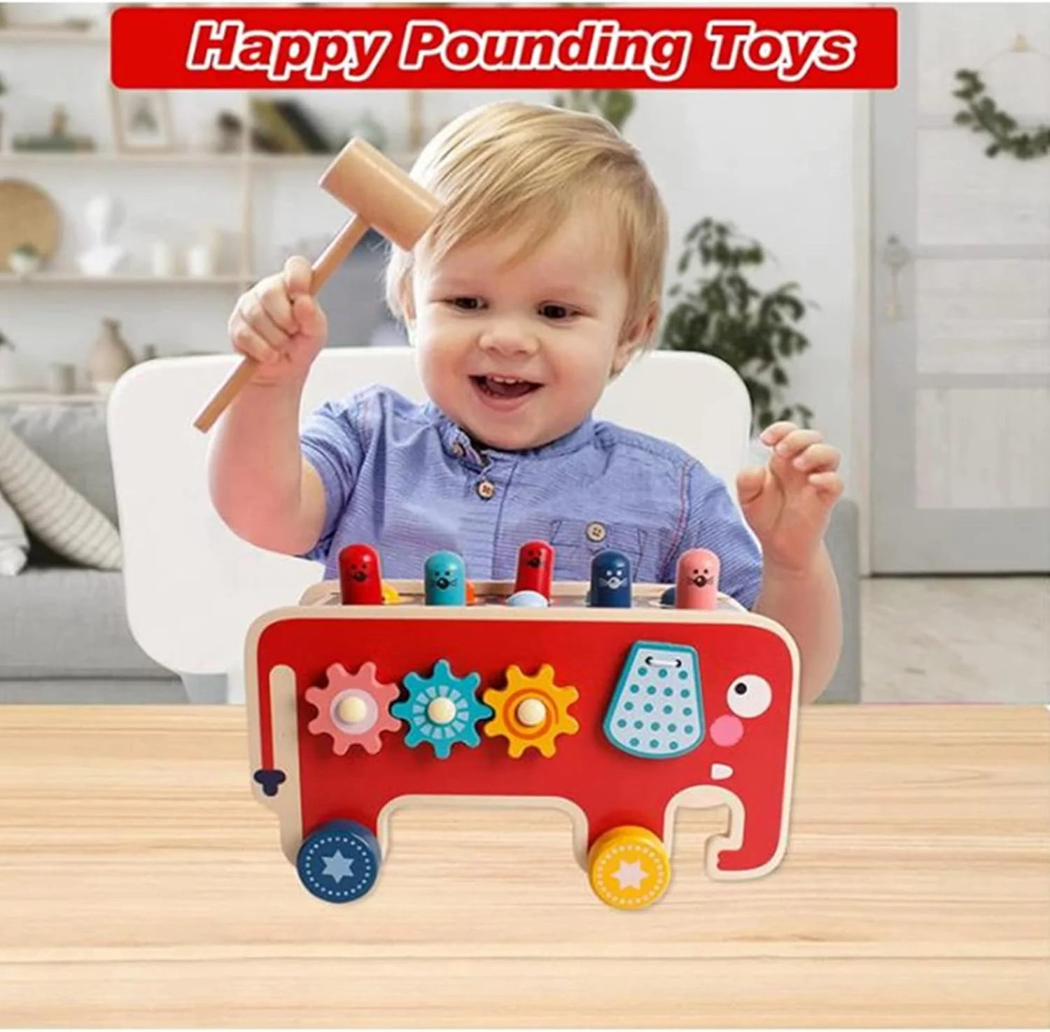 اسباب بازی چوبی ضربه زدن و کوبیدن AM ANNA با 2 چکش و 1 چوب طبل، نیمکت کوبیدن میخ، اسباب بازی گورخر فیلی، بازی ضربه زدن به نیمکت، بازی همستر موش کور، هدیه اسباب بازی چوبی آموزشی برای نوزادان و کودکان نوپا (آبی)