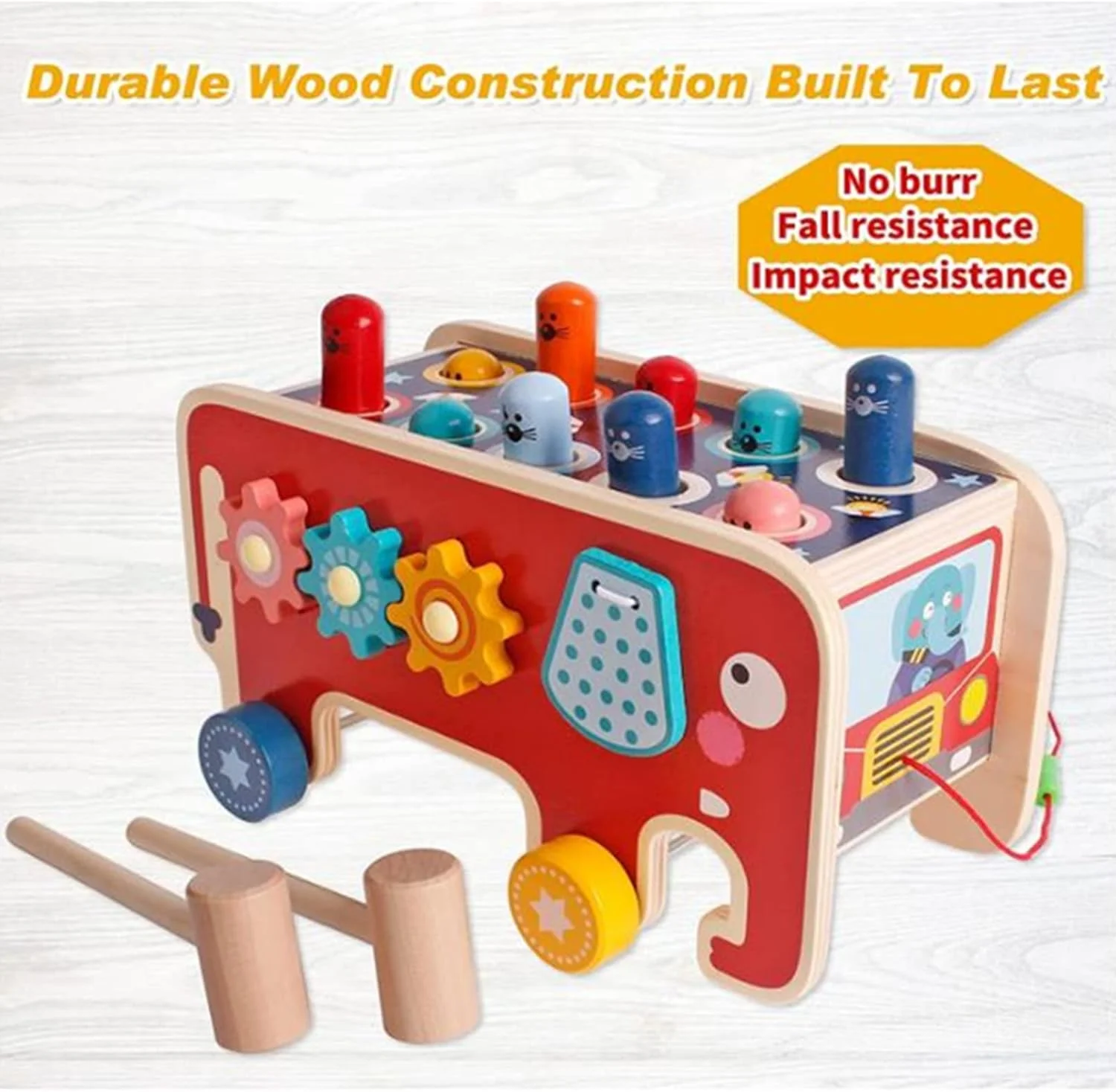 اسباب بازی چوبی ضربه زدن و کوبیدن AM ANNA با 2 چکش و 1 چوب طبل، نیمکت کوبیدن میخ، اسباب بازی گورخر فیلی، بازی ضربه زدن به نیمکت، بازی همستر موش کور، هدیه اسباب بازی چوبی آموزشی برای نوزادان و کودکان نوپا (آبی)