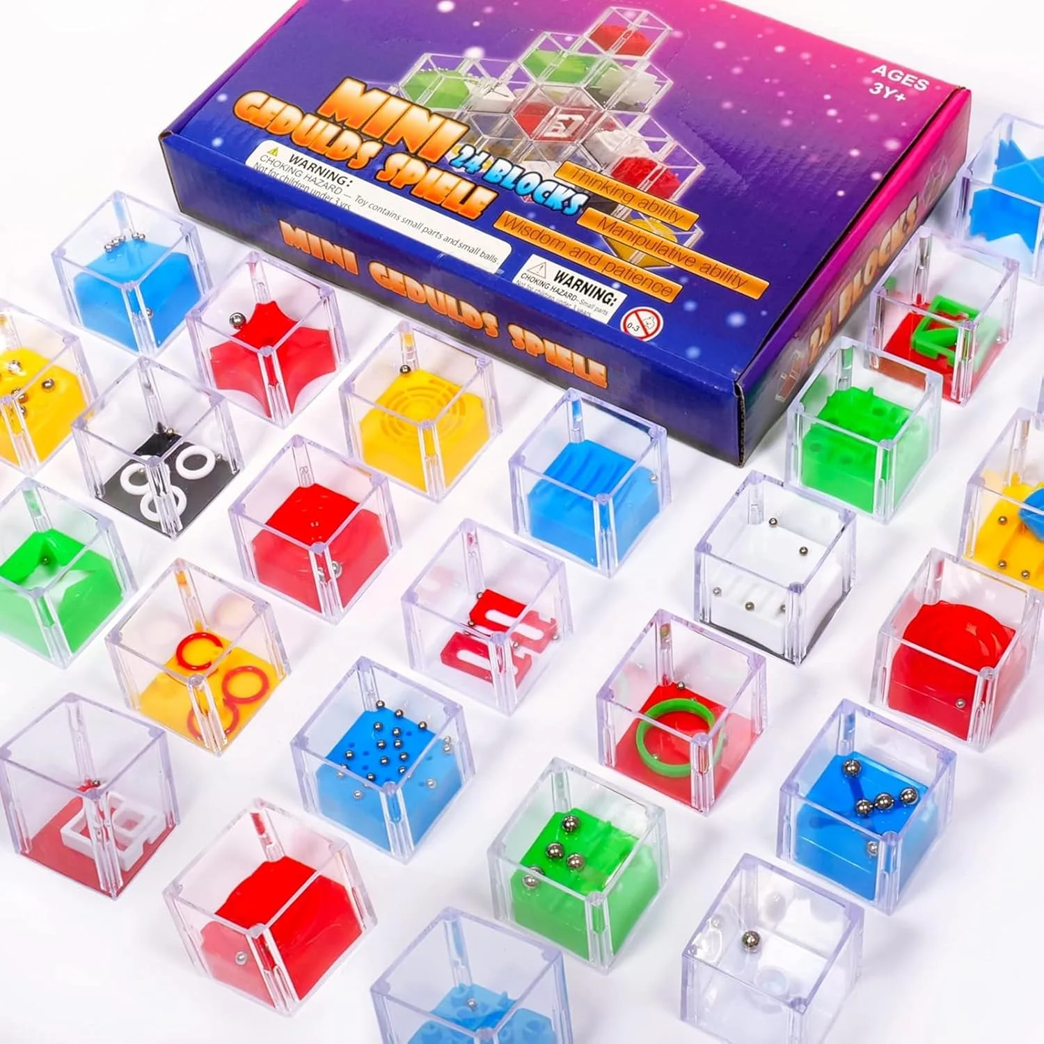 مجموعه مکعب های مینی پازل مارپیچ ARGT برای کودکان - 24 عدد اسباب بازی پازل فکری، بازی های منطقی IQ با توپ های فولادی - اسباب بازی جعبه پازل آموزشی برای کودکان و بزرگسالان - هدیه ایده آل برای سنین 3 سال به بالا