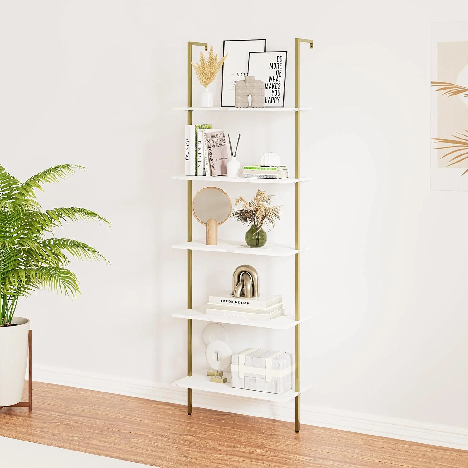 قفسه نردبانی 5 طبقه Wolawu، قفسه کتاب مدرن مرمر سفید، قفسه کتاب دیواری بلند باز، قفسه های دیواری تکیه گاه ایستاده، قفسه های دیواری تزئینی صنعتی