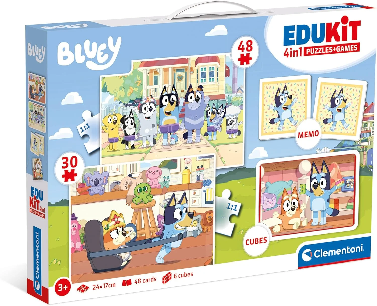 بازی آموزشی کلمنتونی Edukit 4 در 1 Bluey (پازل اره منبت کاری اطفال 30 تکه و 48 تکه، 6 مکعب، 1 بازی حافظه)، بازی برای کودکان 4-6 سال، هدیه برای پسر/دختر، کارتونی، ساخت ایتالیا، 18320