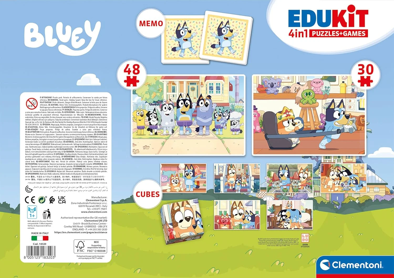 بازی آموزشی کلمنتونی Edukit 4 در 1 Bluey (پازل اره منبت کاری اطفال 30 تکه و 48 تکه، 6 مکعب، 1 بازی حافظه)، بازی برای کودکان 4-6 سال، هدیه برای پسر/دختر، کارتونی، ساخت ایتالیا، 18320