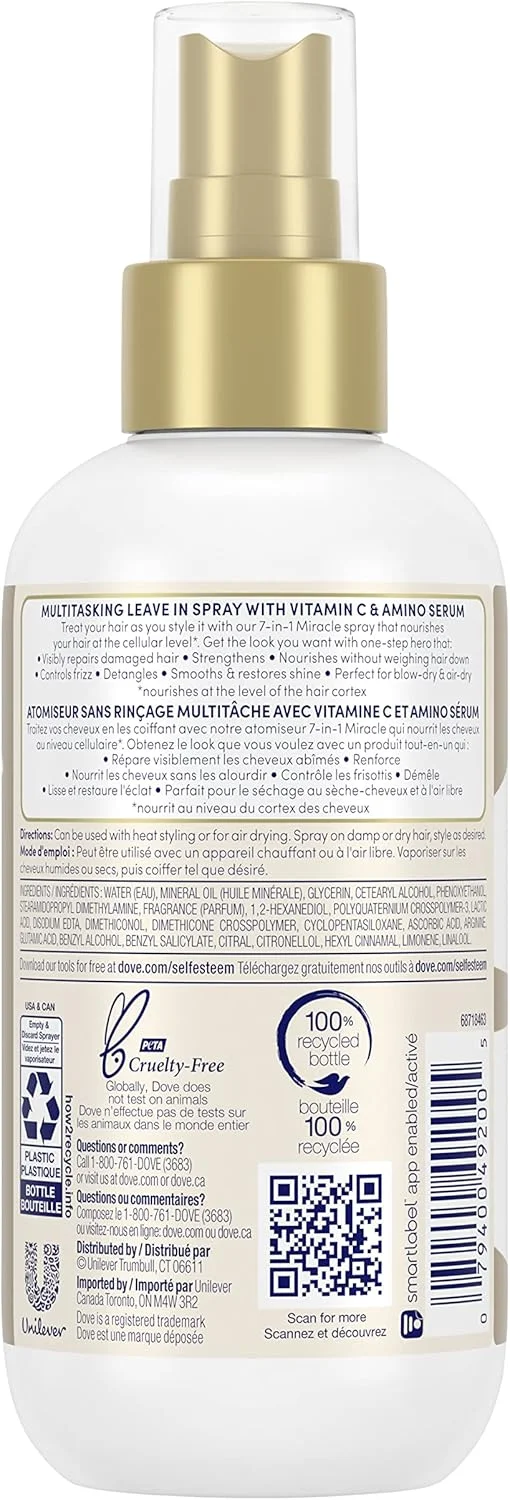 اسپری موی 7 در 1 Dove Hair Therapy برای موهای به وضوح آسیب دیده Miracle Mist + اسپری ویتامین C برای تقویت و تغذیه 221 میلی لیتر