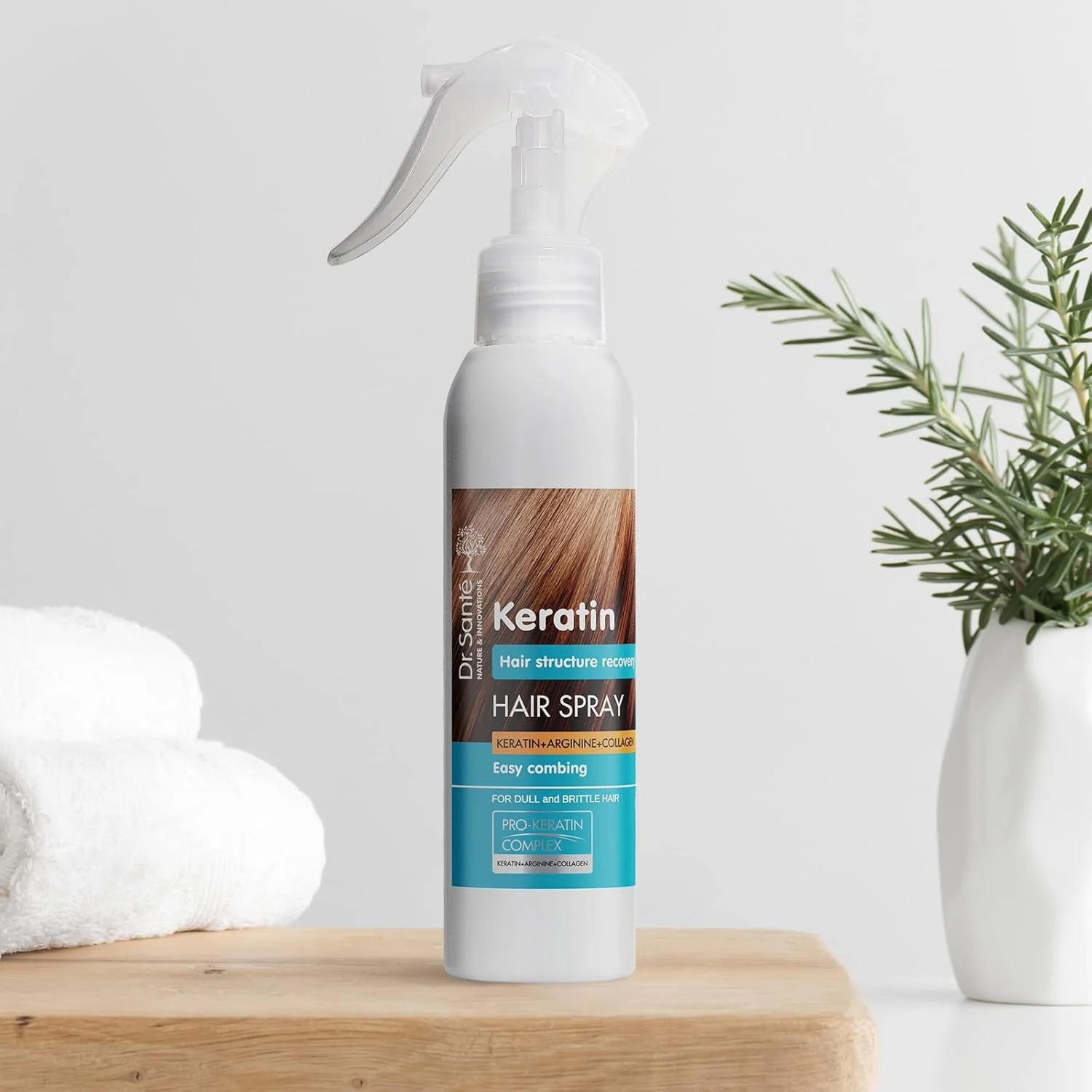 اسپری مو دکتر سانته کراتین برای موهای شکننده و ترمیم درخشش مو، ساختار مو 150 میلی لیتر