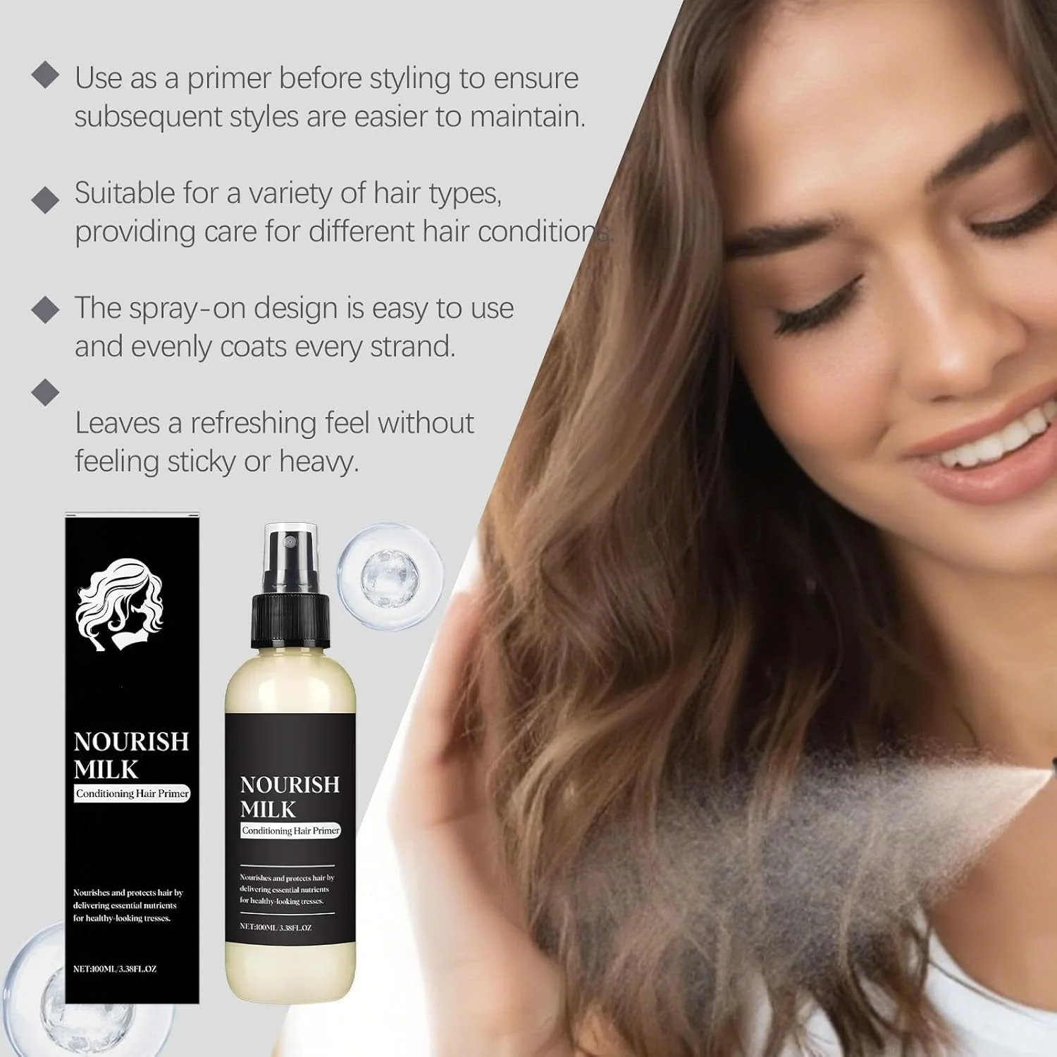 پرایمر مو شیر مغذی، مرطوب کننده سبک وزن برای موهای نرم، اسپری صاف کننده مو، مراقبت از مو، مغذی و صاف کننده، ضد وز برای موهای خشک، مرطوب کننده قوی (3 عدد)