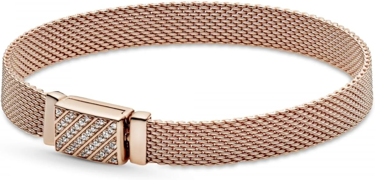 دستبند پاندورا رفلکشنز با قفل بلند و نگین های پاوه روکش طلای رزگلد 14 عیار با زیرکونیا مکعبی شفاف