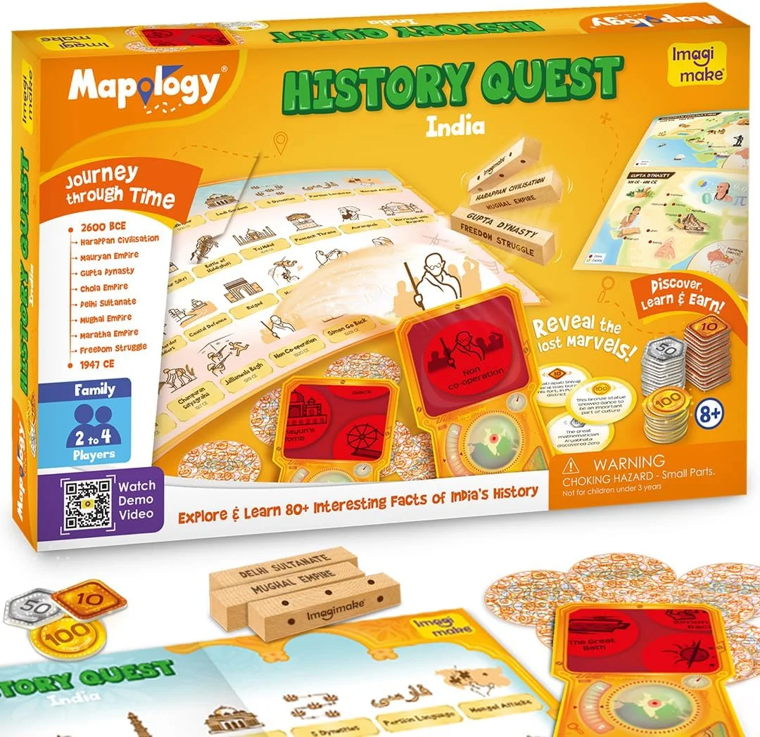 بازی تخته ای تاریخ هند Imagimake Mapology History Quest | کاوش در 8 دوره تاریخ هند با لنزهای اکتشافی، توکن های مصنوعات و تاس های باستانی | اسباب بازی آموزشی | هدیه تولد برای دختران و پسران
