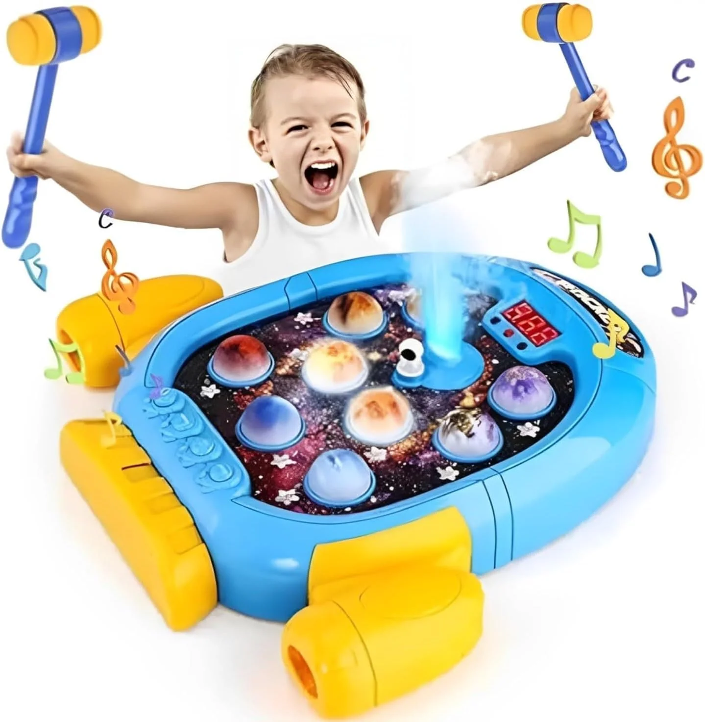 بازی سیاره‌ای تعاملی بزن و در رو برای کودکان 3 سال به بالا، اسباب‌بازی آموزشی چراغ‌دار با 2 چکش نرم، 6 حالت، 9 آهنگ، 45 مرحله – هدیه برای پسران و دختران