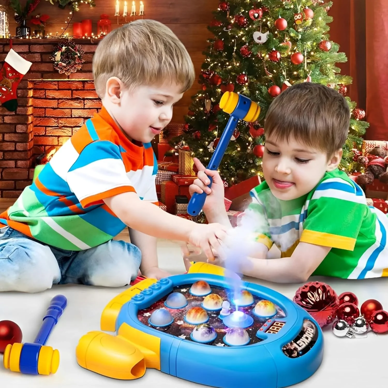 بازی سیاره‌ای تعاملی بزن و در رو برای کودکان 3 سال به بالا، اسباب‌بازی آموزشی چراغ‌دار با 2 چکش نرم، 6 حالت، 9 آهنگ، 45 مرحله – هدیه برای پسران و دختران