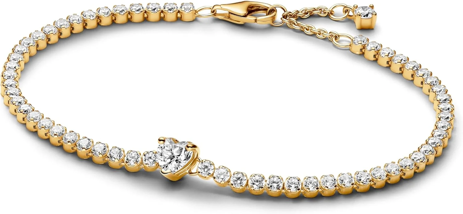 دستبند پاندورا طرح قلب با روکش طلای 14 عیار و زیرکونیا مکعبی شفاف، سایز 18 سانتی متر