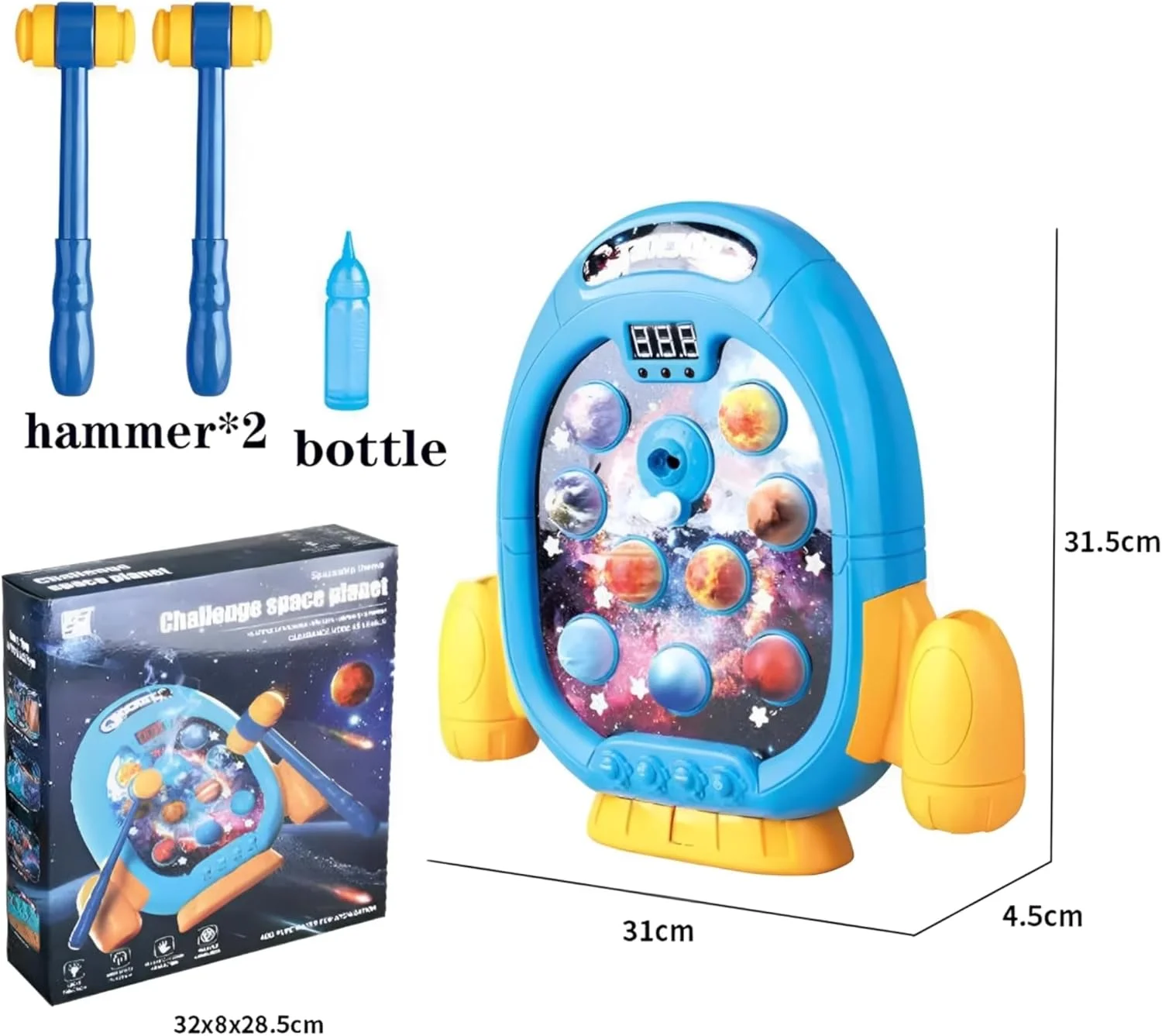 بازی سیاره‌ای تعاملی بزن و در رو برای کودکان 3 سال به بالا، اسباب‌بازی آموزشی چراغ‌دار با 2 چکش نرم، 6 حالت، 9 آهنگ، 45 مرحله – هدیه برای پسران و دختران