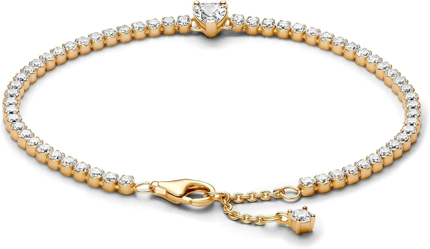 دستبند پاندورا طرح قلب با روکش طلای 14 عیار و زیرکونیا مکعبی شفاف، سایز 18 سانتی متر