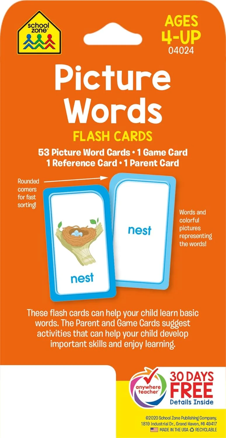 فلش کارت های تصویری کلمات School Zone - مناسب برای سنین 4 سال به بالا، پیش دبستانی تا مهدکودک، آواشناسی، کلمات خواندنی اولیه، کلمات پرکاربرد، تشخیص کلمه-تصویر و موارد دیگر