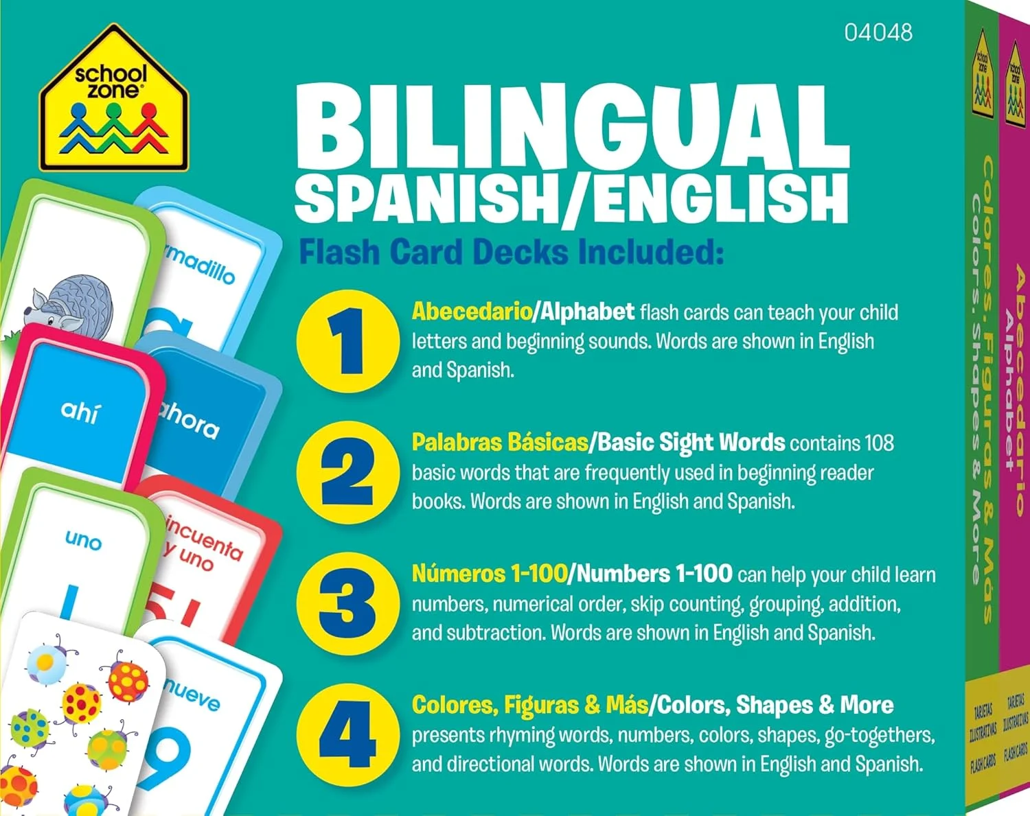 مجموعه 4 عددی فلش کارت دو زبانه اسپانیایی/انگلیسی School Zone - مناسب برای سنین 4 سال به بالا، پیش دبستانی تا مهد کودک، ESL، آموزش زبان، حروف الفبا، کلمات پرکاربرد و موارد دیگر (مجموعه 4 عددی فلش کارت) (نسخه انگلیسی و اسپانیایی)