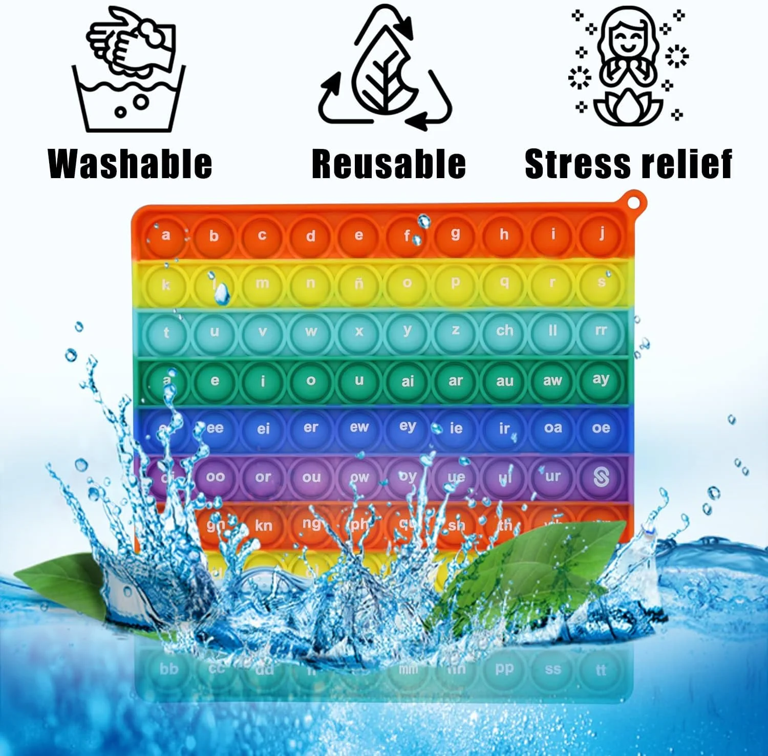 بازی فکری پاپ ایت دو طرفه PETBSNVB، کلمات CVC، الفبا، حروف، ABC، تخته پاپ ایت آوایی، پاپِر مربعی، آموزشی مونته سوری برای کودکان مهدکودک 1، 2، 3 ساله، رنگین کمانی