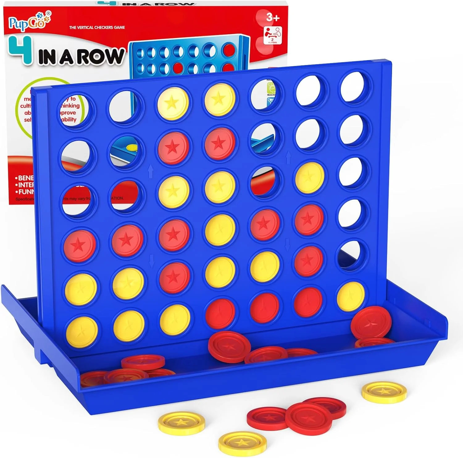 بازی فکری کلاسیک 4 تایی Pup Go، سایز استاندارد، مناسب کودکان 3 تا 7 سال، اسباب بازی آموزشی خانوادگی برای پسران، دختران و بزرگسالان، بازی استراتژیک 2 نفره با 6 مهره اضافی، طراحی تاشو (سایز استاندارد)