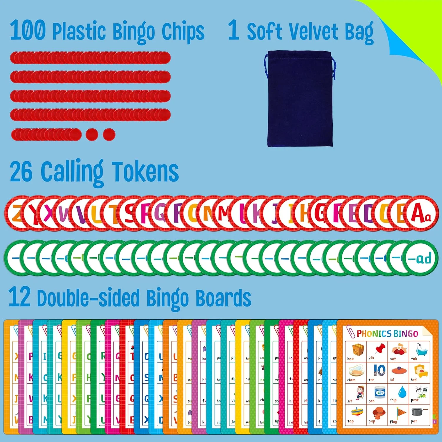 بازی بینگو الفبا و آواشناسی SpriteGru، ۱۲ صفحه بینگو با حروف ABC، بازی آواشناسی ترکیبی کلمات CVC، آگاهی از آواشناسی حروف، اسباب بازی های آموزشی اولیه - برای کودکان از ۴ سال