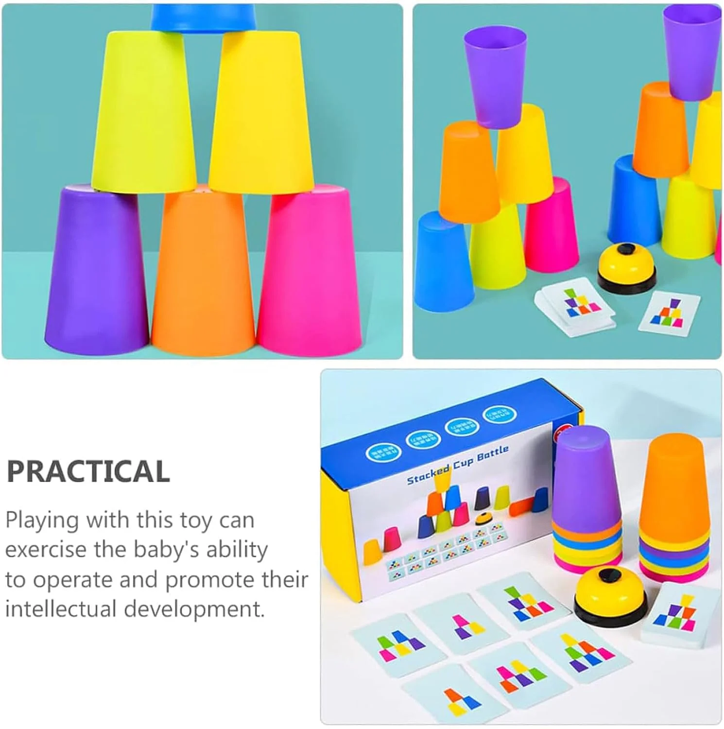 بازی فکری لیوان های سرعتی SOOFAM، اسباب بازی آموزشی چیدن لیوان ها، بازی کلاسیک تطبیق لیوان های سرعتی برای بازی تعاملی والدین و فرزندان با 50 کارت تصویری، 12 لیوان و زنگ