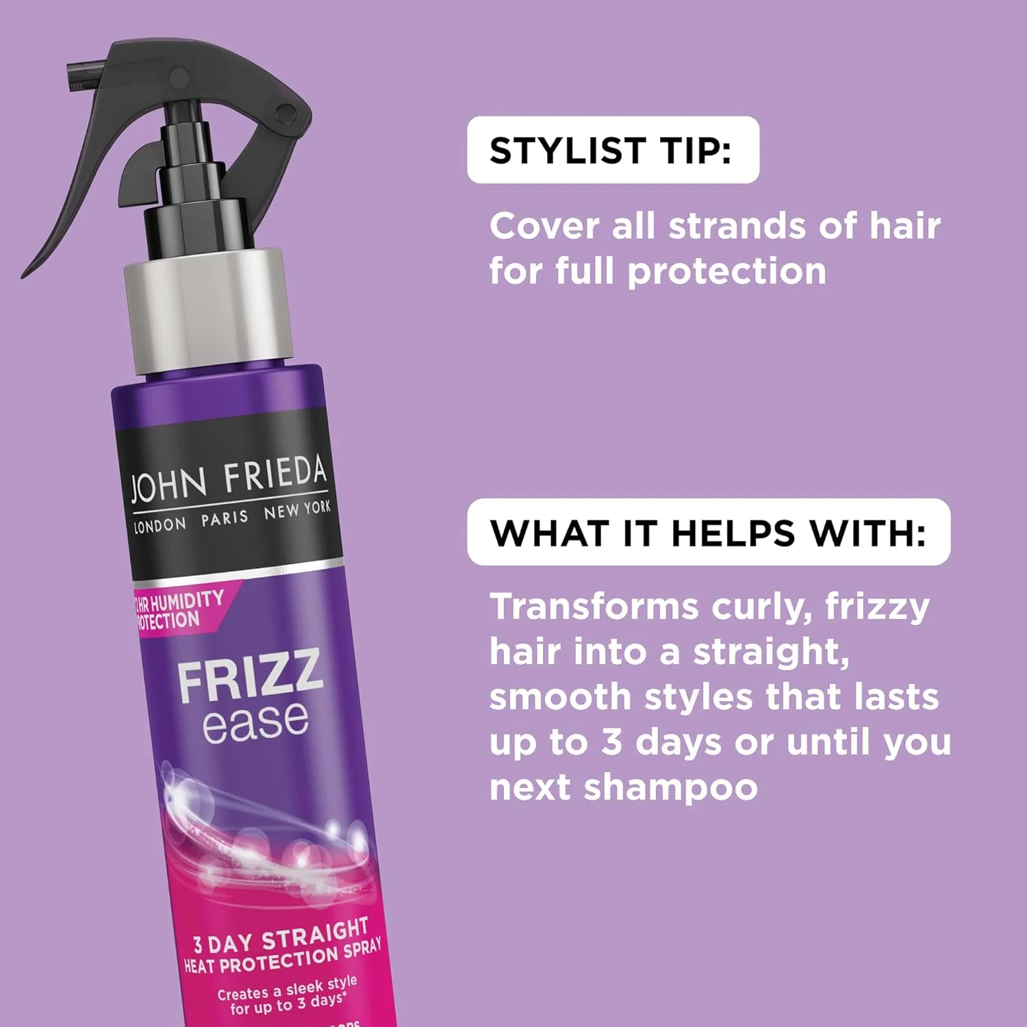 اسپری محافظ حرارتی مو جان فریدا Frizz Ease 3 Day Straight، موها را تا 3 روز صاف و بدون وز نگه می دارد، اسپری کراتینه برای اتو مو و حالت دهی، برای داشتن ظاهری صاف و براق، 100 میلی لیتر، بسته 2 عددی