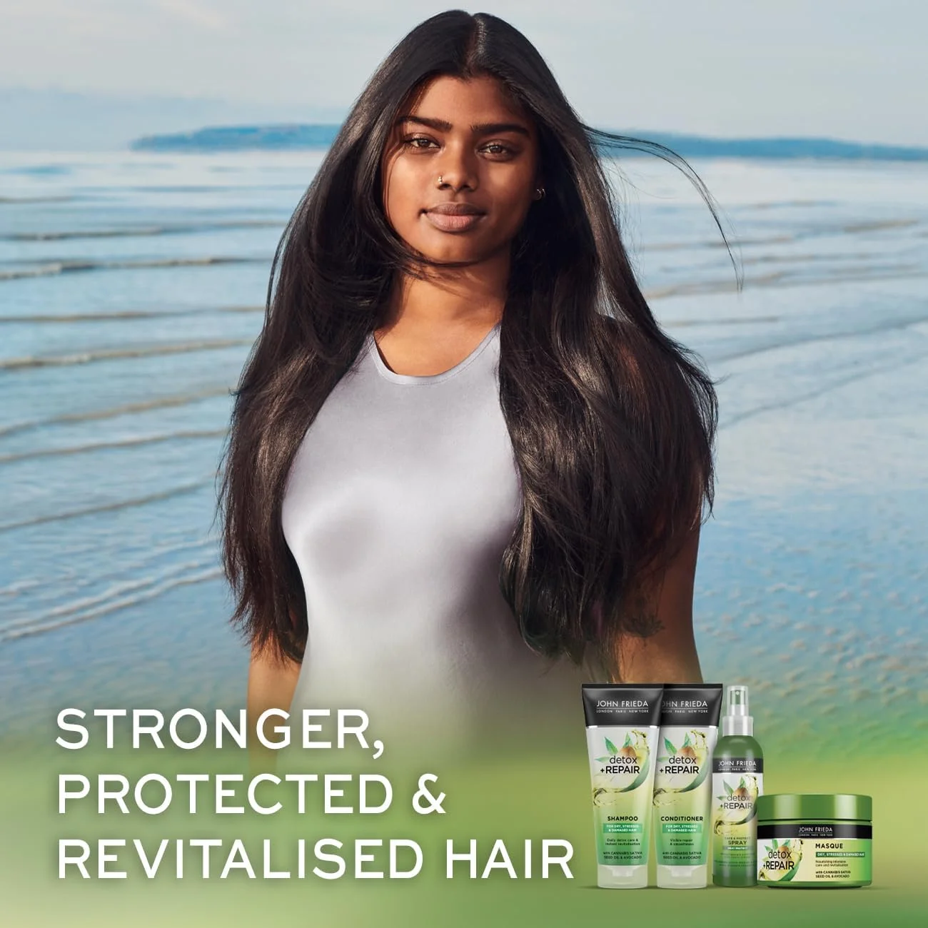 اسپری محافظت از حرارت و مراقبت جان فریدا مدل Detox & Repair حجم 200 میلی لیتر، اسپری تقویت کننده و باز کننده گره مو برای موهای خشک، آسیب دیده و تحت فشار، درمان نرم کننده بدون نیاز به آبکشی