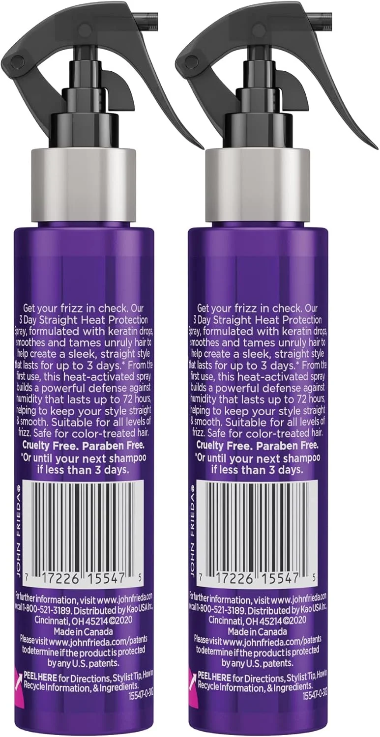 اسپری محافظ حرارتی مو جان فریدا Frizz Ease 3 Day Straight، موها را تا 3 روز صاف و بدون وز نگه می دارد، اسپری کراتینه برای اتو مو و حالت دهی، برای داشتن ظاهری صاف و براق، 100 میلی لیتر، بسته 2 عددی