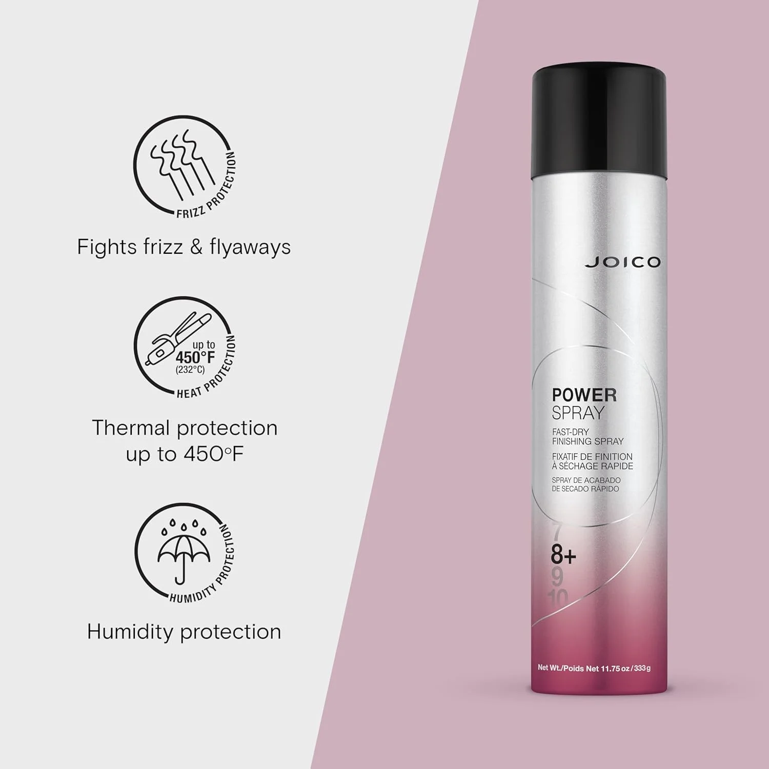 اسپری حالت دهنده سریع خشک شونده Joico Power Spray | مناسب برای اکثر انواع مو | محافظت در برابر گرما و رطوبت | محافظت در برابر آلودگی و اشعه ماوراء بنفش مضر | فاقد پارابن و سولفات | ماندگاری 72 ساعته | 333 گرم