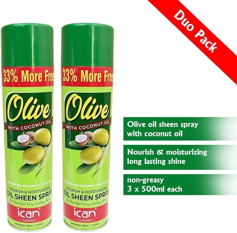 اسپری براق کننده و مرطوب کننده مو روغن زیتون آیکان لندن با روغن نارگیل، 2 عدد 500 میلی لیتر
