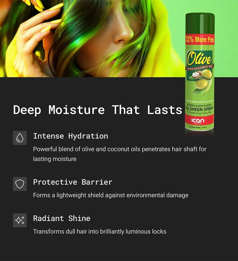 اسپری براق کننده و مرطوب کننده مو روغن زیتون آیکان لندن با روغن نارگیل، 2 عدد 500 میلی لیتر