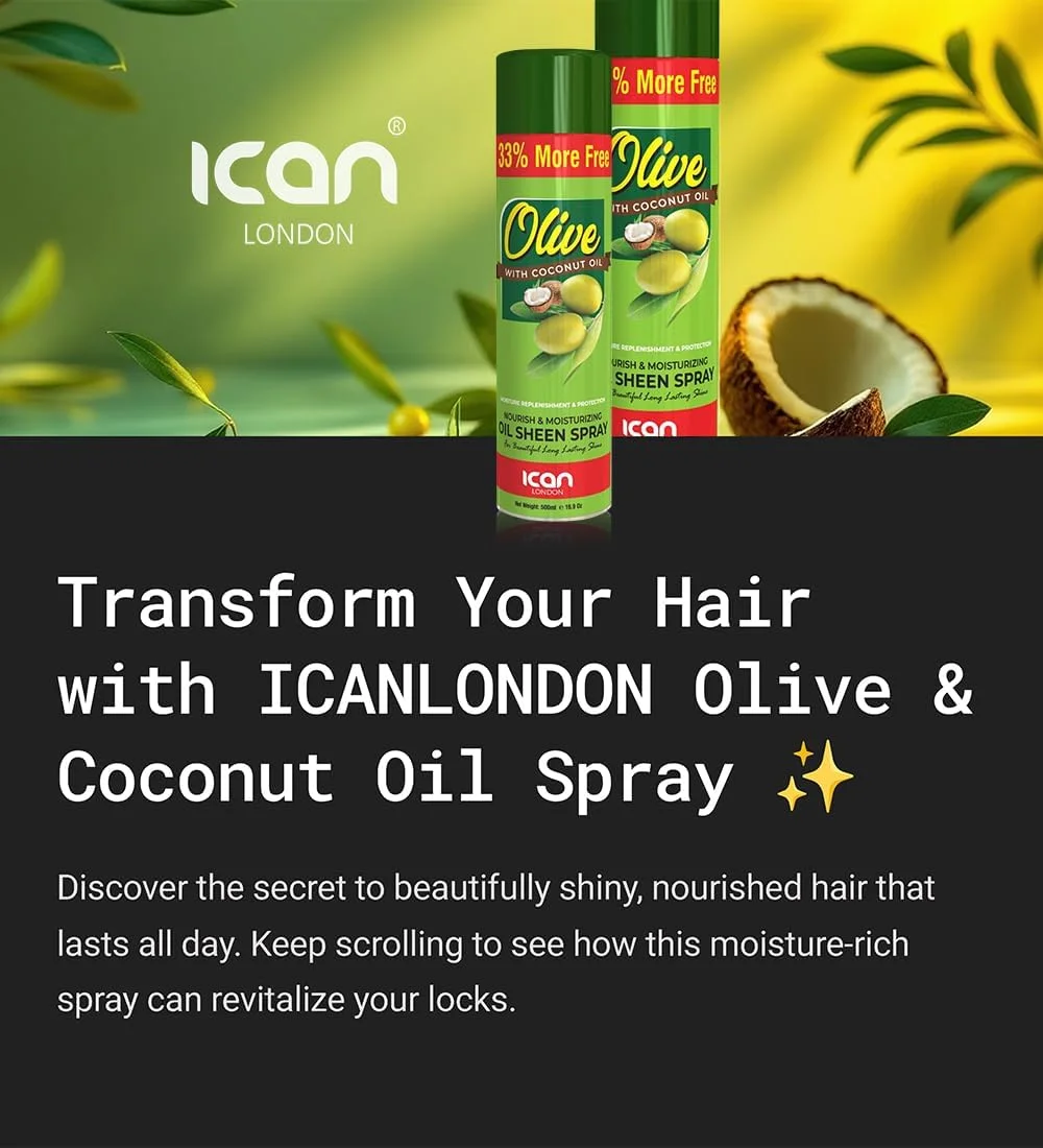اسپری براق کننده و مرطوب کننده مو روغن زیتون آیکان لندن با روغن نارگیل، 2 عدد 500 میلی لیتر
