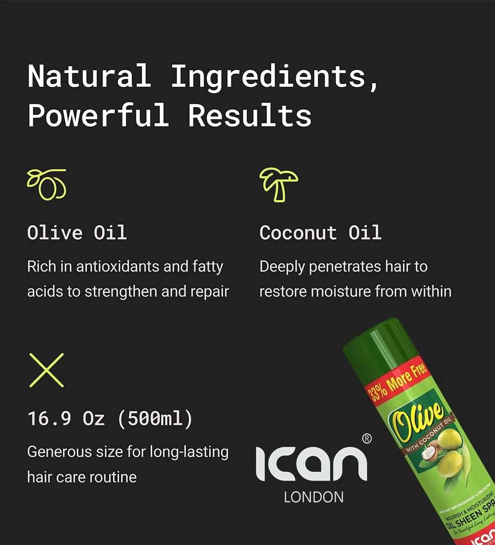 اسپری براق کننده و مرطوب کننده مو روغن زیتون آیکان لندن با روغن نارگیل، 2 عدد 500 میلی لیتر
