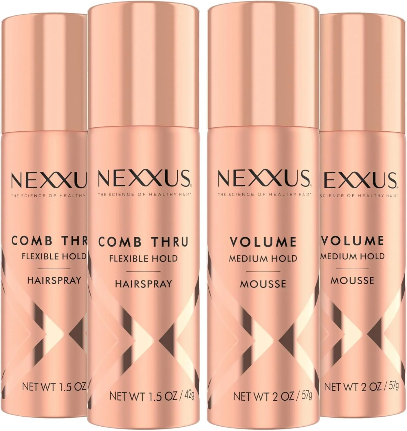 مجموعه اسپری مو و موس مسافرتی نکسوس – اسپری مو با قابلیت شانه زدن و انعطاف پذیری (45 میلی لیتر) بسته 2 عددی + موس حجم دهنده با نگهدارندگی متوسط (60 میلی لیتر) بسته 2 عددی، ضد رطوبت، کنترل وز، رایحه گل رز