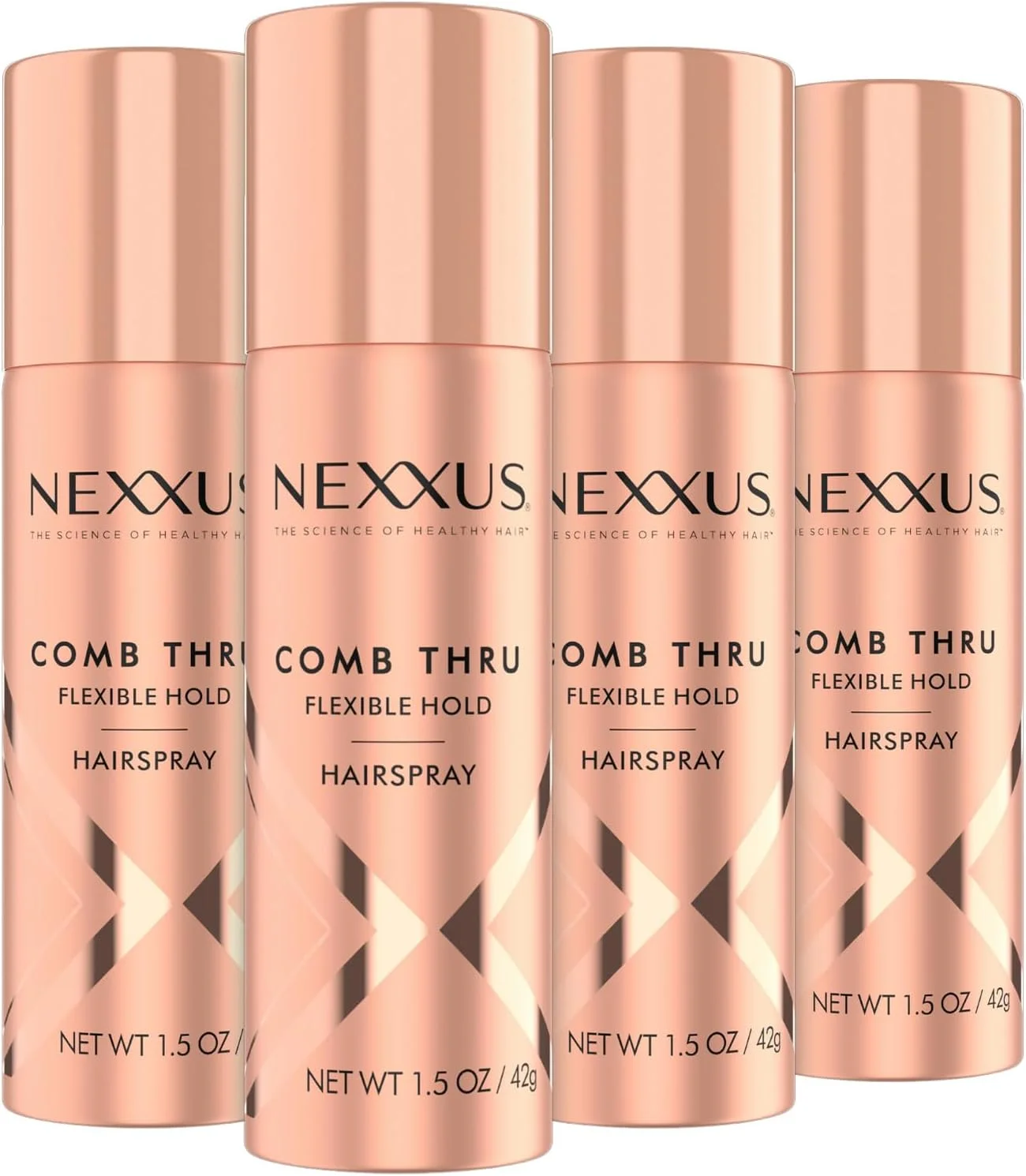 اسپری مو مسافرتی Nexxus، با قابلیت شانه زدن و نگهداری انعطاف پذیر، بسته 4 عددی – محافظت 72 ساعته در برابر رطوبت، کنترل وز مو تا 48 ساعت، رایحه گل رز، 42 گرم در هر عدد