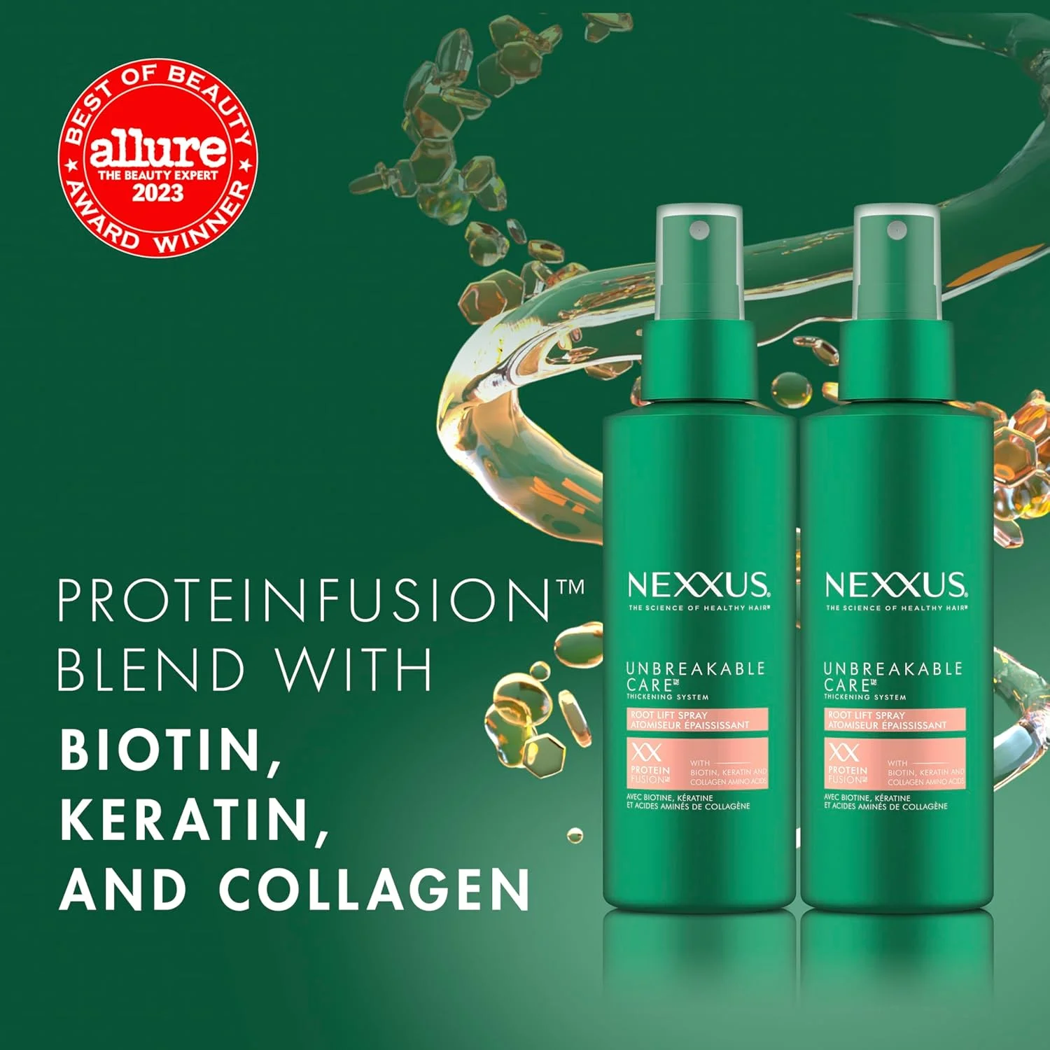 اسپری حجم دهنده و تقویت کننده ریشه مو نکسوس سری Unbreakable Care حاوی کراتین، کلاژن و بیوتین مناسب موهای نازک و کم حجم 177 میلی لیتر