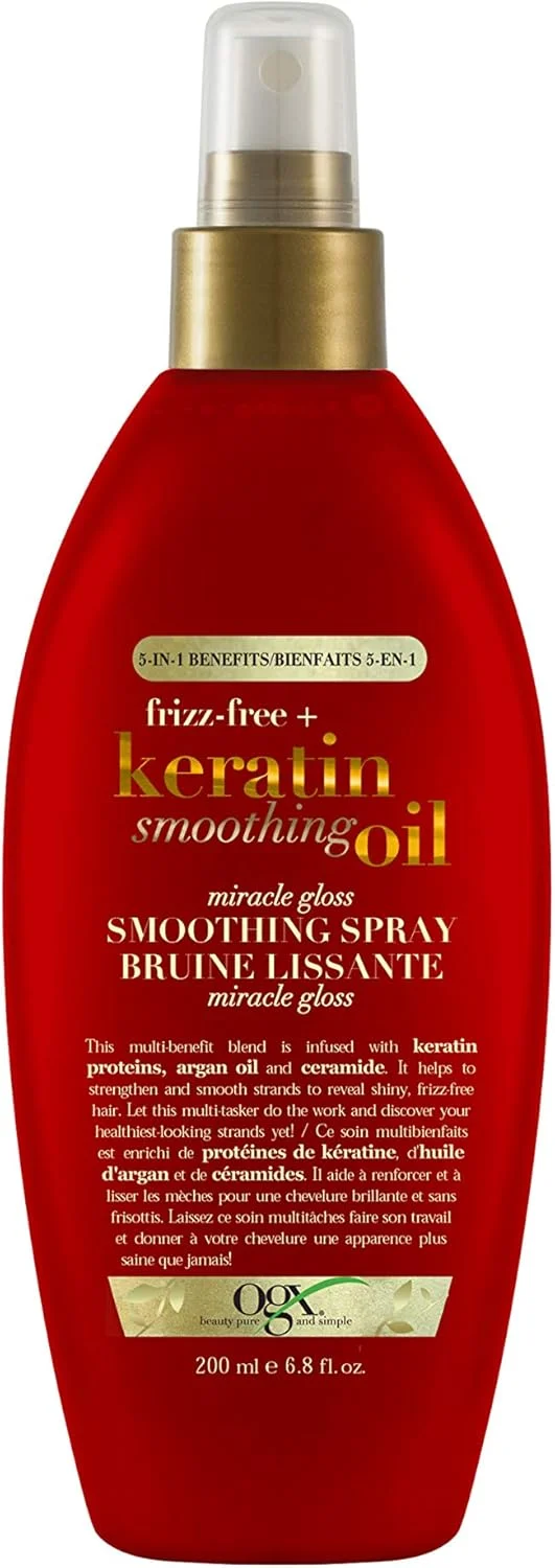 اسپری براق کننده روغن صاف کننده کراتین OGX Frizz-Free +، 5 در 1، ضد وز و درخشان کننده مو، حاوی روغن آرگان
