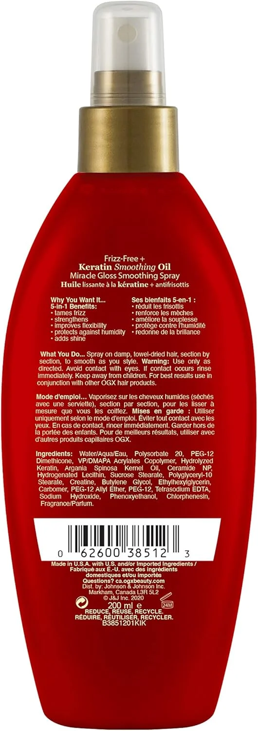 اسپری براق کننده روغن صاف کننده کراتین OGX Frizz-Free +، 5 در 1، ضد وز و درخشان کننده مو، حاوی روغن آرگان اسپری براق کننده روغن صاف کننده کراتین OGX Frizz-Free +، 5 در 1، ضد وز و درخشان کننده مو، حاوی روغن آرگان