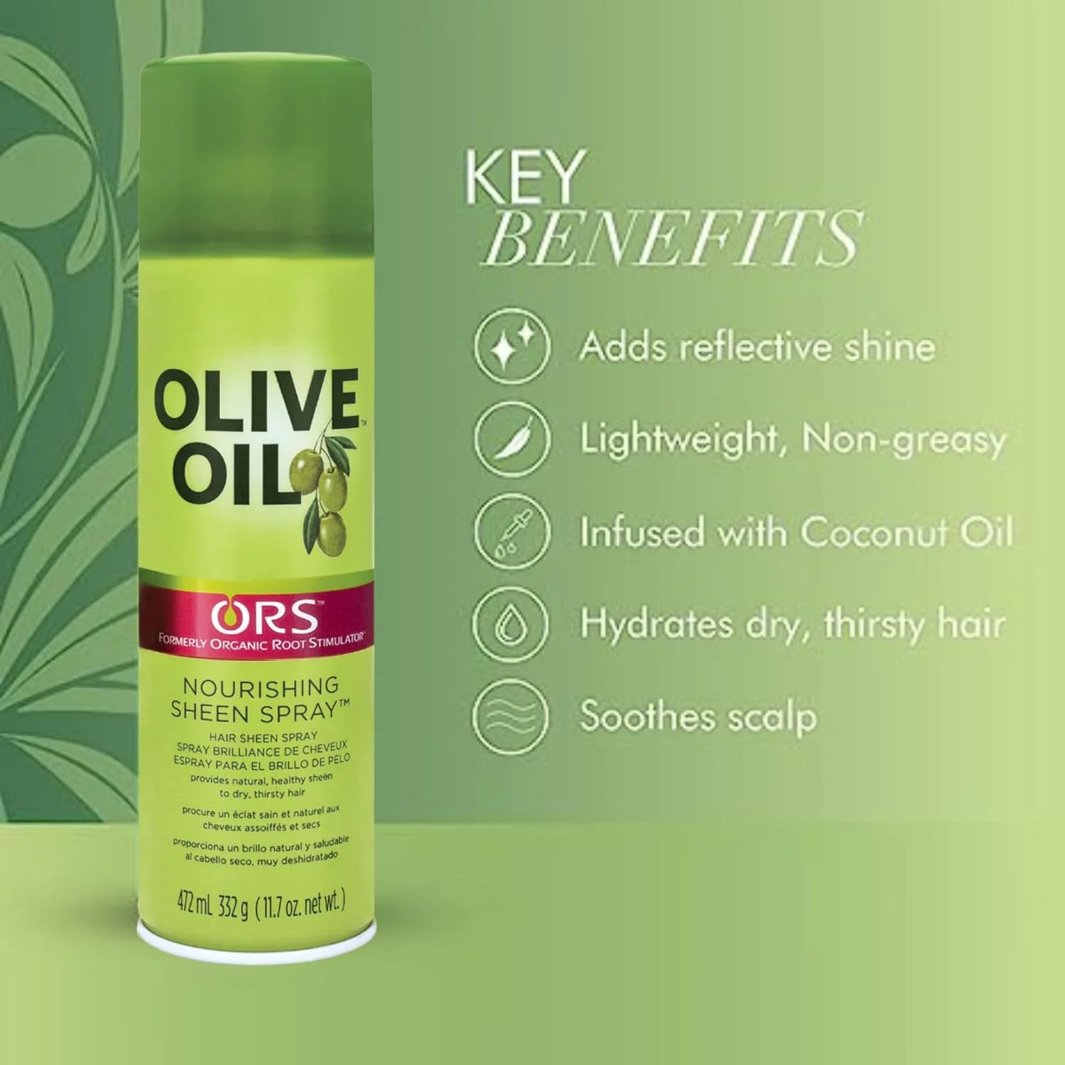 اسپری براق کننده مو روغن زیتون ORS حجم 450 میلی لیتر | برای درخشندگی طبیعی، غیر چرب و درخشان | فرمول اصلی برای تغذیه و مرطوب کردن موهای خشک و کدر