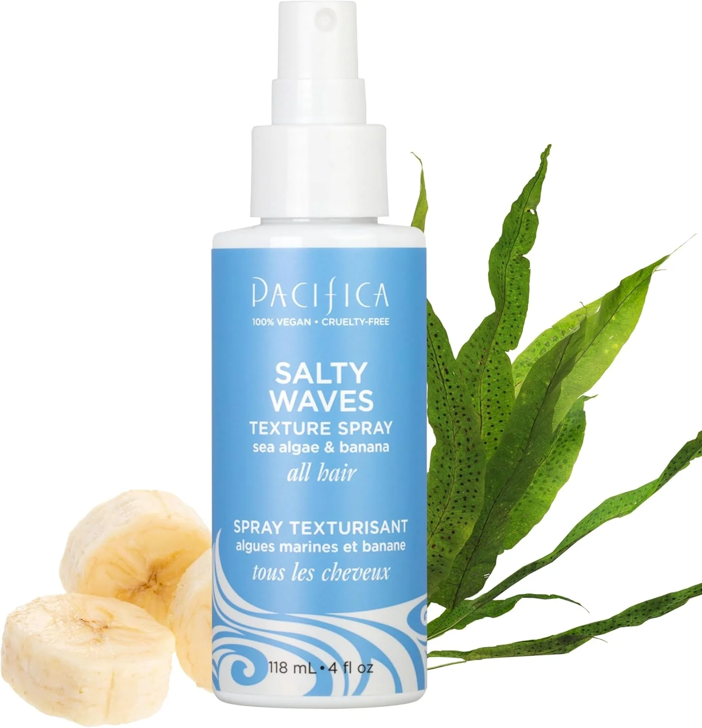اسپری نمک دریایی با رایحه موز پسیفیکا بیوتی، بافت دهنده مو، ایجاد کننده حالت موج دار ساحلی، آبرسان، تقویت کننده فر مو، بدون پارابن، بدون سولفات، وگان و بدون تست حیوانی