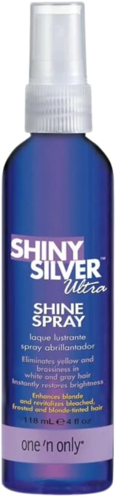 اسپری درخشان کننده مو وان اِن اونلی شاین سیلور آلترا، درخشندگی و روشنایی را به موهای سفید، خاکستری، دکلره شده، هایلایت شده یا بلوند باز می گرداند، فورا موهای خشک را احیا می کند، از محو شدن رنگ مو جلوگیری می کند، 118 میلی لیتر