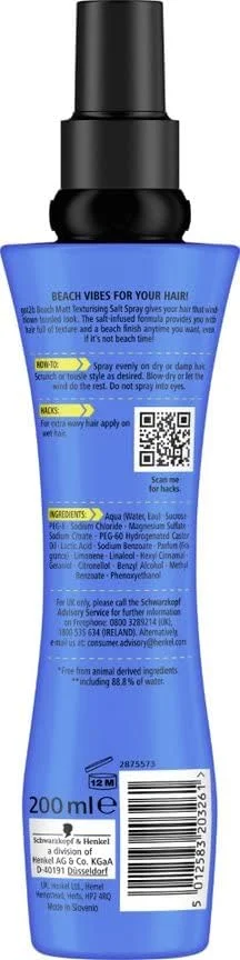 اسپری موی نمکی مات کننده مو شوارتسکف گات تو بی بیچ، ایجاد کننده موج و بافت با ظاهری مات، 200 میلی لیتر