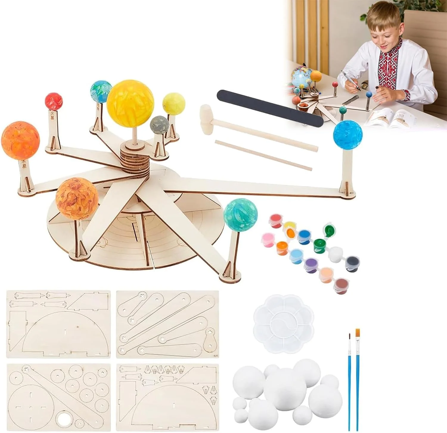 مجموعه مدل منظومه شمسی آزونه شامل 15 قطعه، توپ های فومی، کیت مدل سیاره DIY شامل 6 سایز توپ های کروی پلی استایرن، 12 رنگدانه رنگی، قلم موهای نقاشی، چوب های بامبو برای پروژه های علمی مدرسه