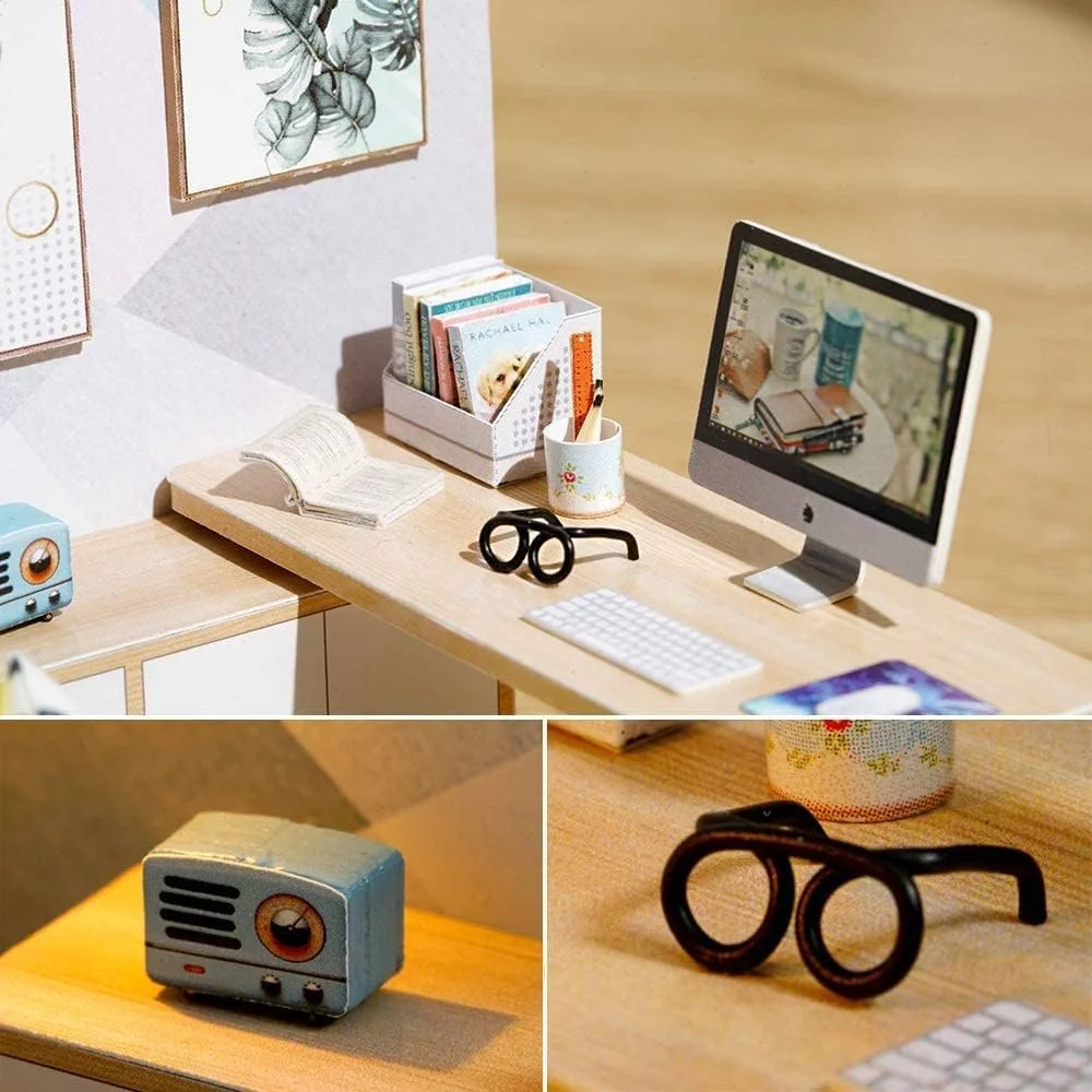 مجموعه خانه عروسکی مینیاتوری Azonee، مقیاس 1:32، اتاق خلاقانه، خانه عروسکی چوبی کوچک با مبلمان به همراه پوشش ضد گرد و غبار برای کودکان، نوجوانان، بزرگسالان، مدل ساختمانی، هدیه تولد (اتاق مطالعه آفتابی)