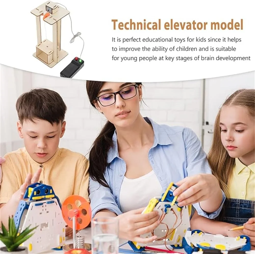 آسانسور چوبی DIY آزون، مجموعه آسانسور DIY کودکان مدل آسانسور، کیت ساخت صنایع دستی DIY اسباب بازی آموزشی زودهنگام، کیت های مدل سازی ساختمان با باتری برای کودکان، 10×8 سانتی متر