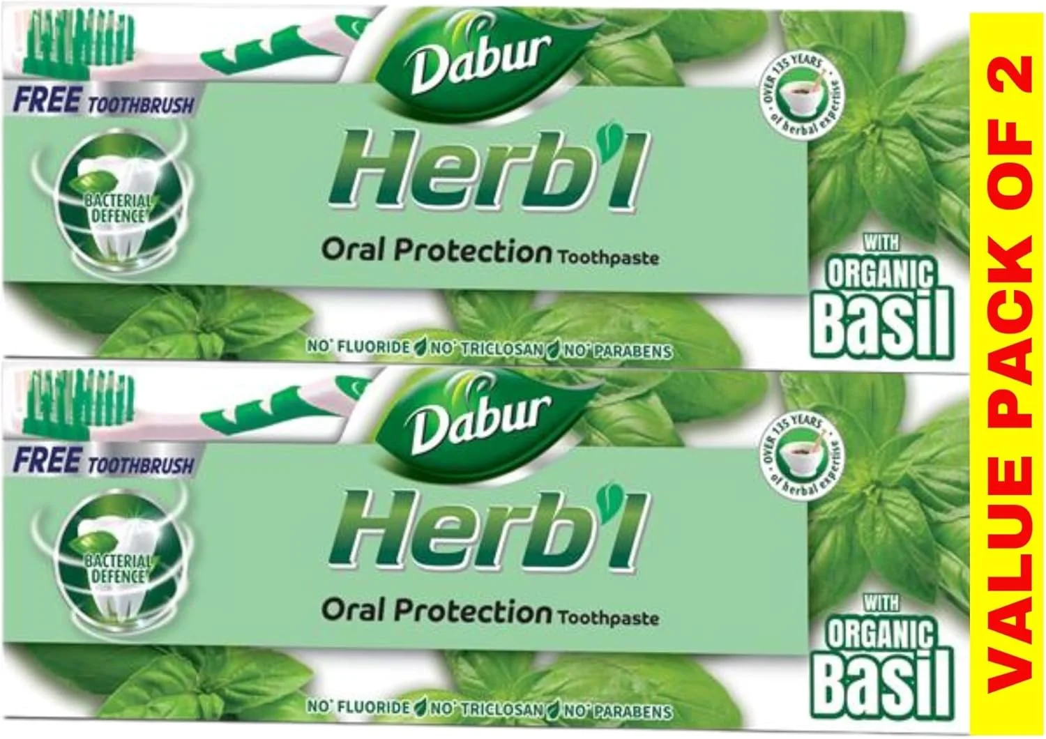 خمیر دندان محافظت دهانی دابور هربل با عصاره ریحان (2 عدد 150 گرمی + مسواک) | غنی شده با ریحان | خمیر دندان طبیعی برای لثه های سالم و دندان های قوی | بسته اقتصادی