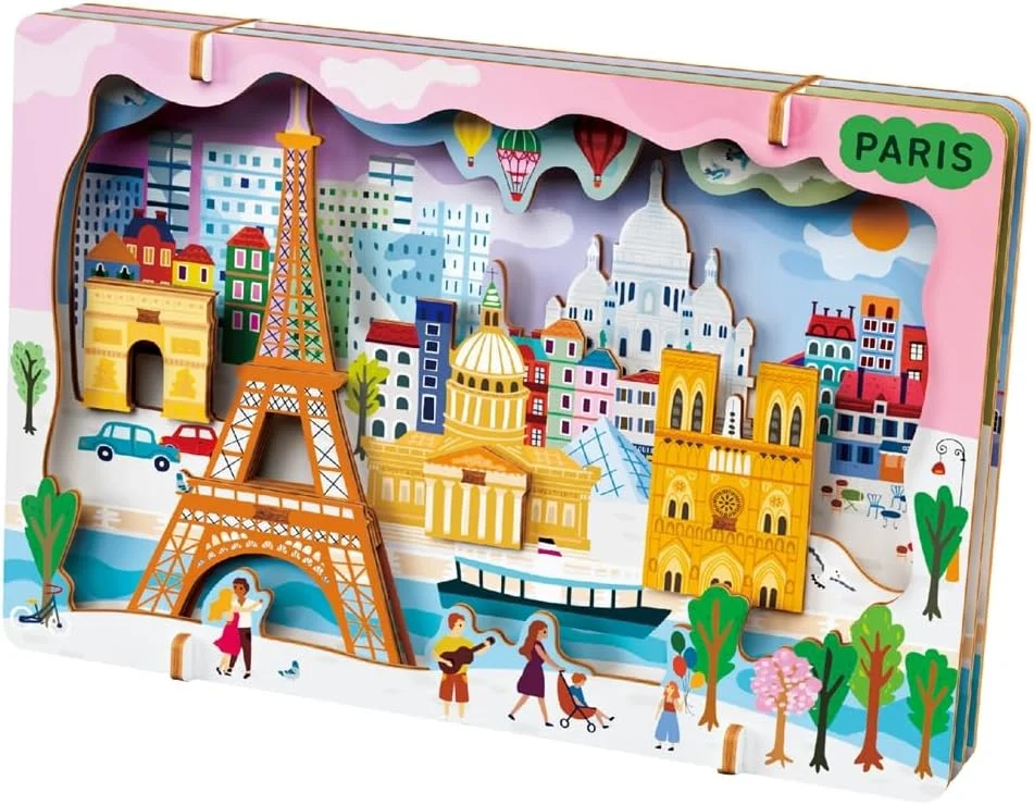 اونیر - پازل سه بعدی منظره شهری «بیایید با هم سفر کنیم» – مدل چوبی خودساز پاریس | بناهای دیدنی معروف را با راهنمای مصور بسازید | هدیه آموزشی مسافرتی برای کودکان و بزرگسالان
